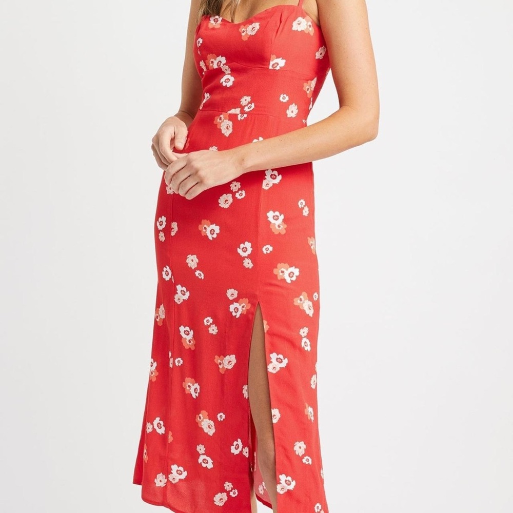 Kookai Marley Red Floral Midi Dress with Slit Size Fr 36/ US Small